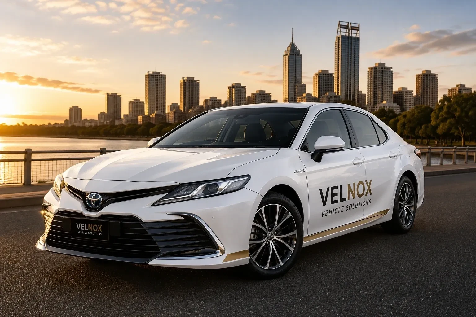 Toyota Camry Hybrid branded with Velnox Vehicle Solutions against Perth city skyline
