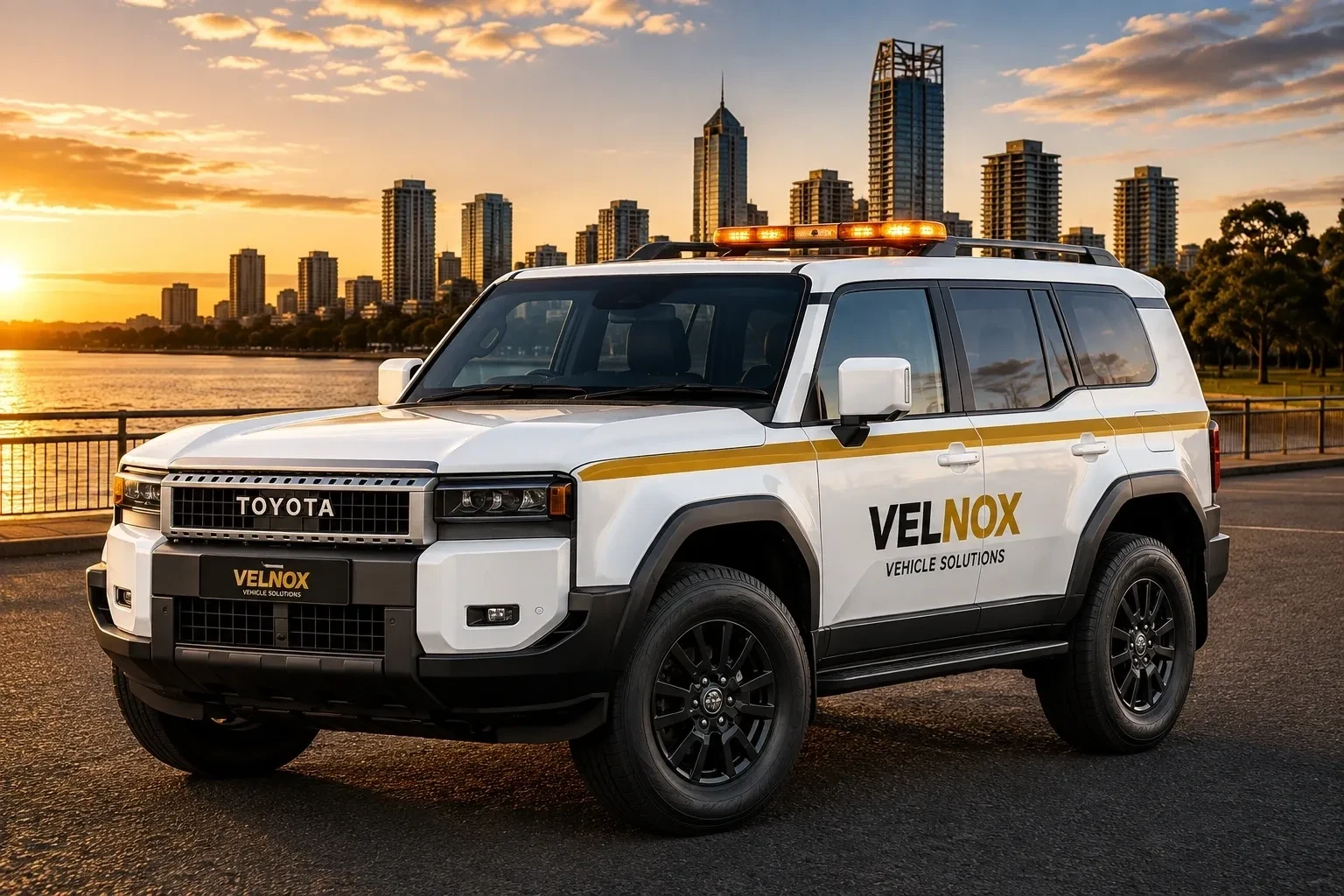 Toyota LandCruiser branded with Velnox Vehicle Solutions against Perth city skyline
